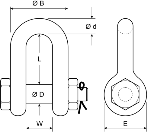Dee Shackle with Safety Pin specifications drawing Dee Shackle with Safety Pin specifications drawing